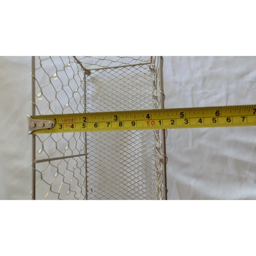 Vintage Silver Beaded Chicken Wire Basket Twisted Handle Farmhouse Caddy 12in